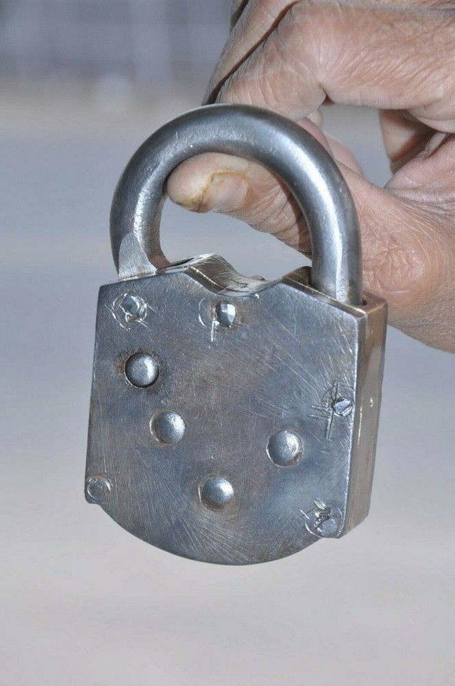 Vintage Iron & Brass Handcrafted Solid Heavy Unique Shape Push Button Padlock