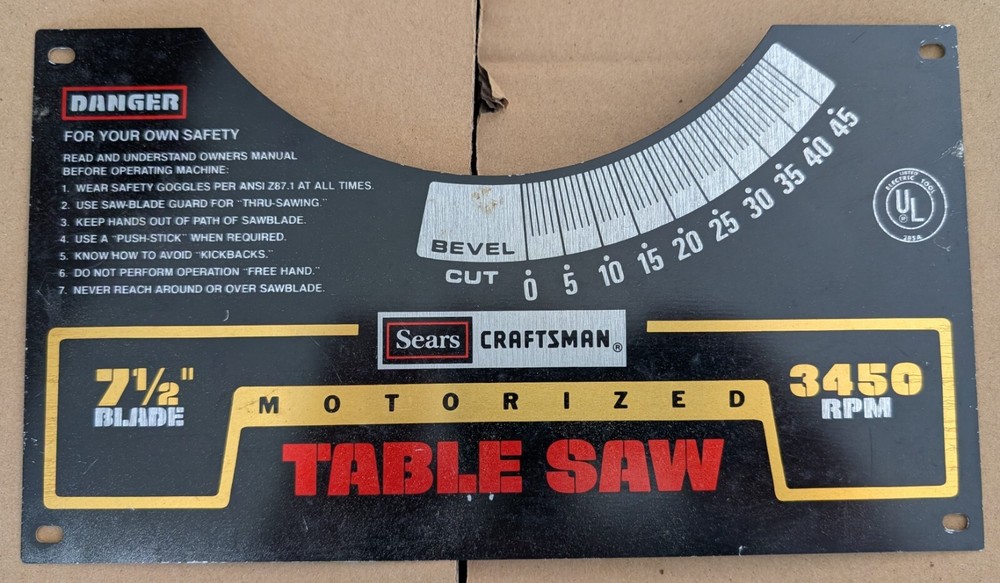 Sears Craftsman 7 1/2" Table Saw Front Panel Face Plate