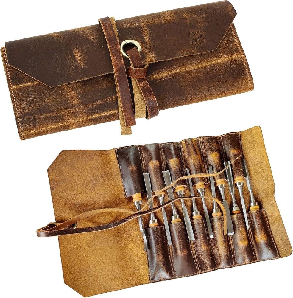 12 Pocket Leather Tool Roll – Mechanics Organizer Bag for Wrenches