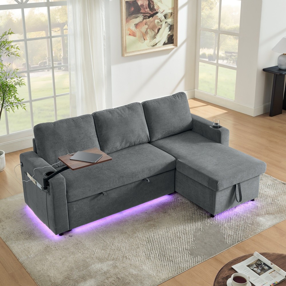 Convertible Sleeper Sofa Bed with Pull Out Bed & LED Lights & USB Charging Ports