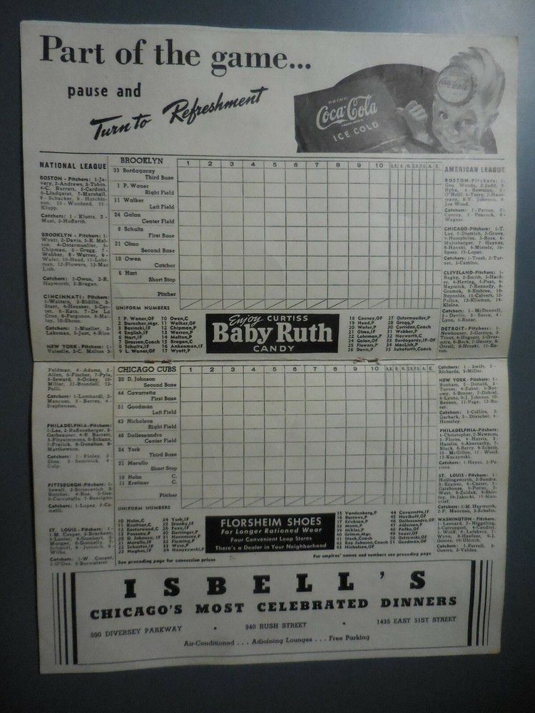 1944 Brooklyn Dodgers at Cubs Wrigley Field Program Unscored