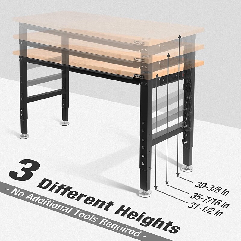 Workpro 60" Workbench Adjustable Height Work Table 2000LBS Load Rubber Wood Top