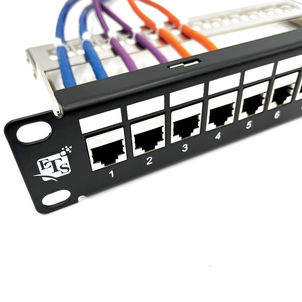 ETS 12 Port Patch Panel 10 inch Cat6A Inline Keystone, Feedthrough Coupler