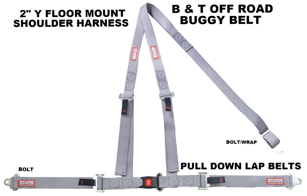 2" FLOOR MOUNT 3 POINT HARNESS SEAT BELT BOLT IN PULL DOWN LAP BELTS GREY