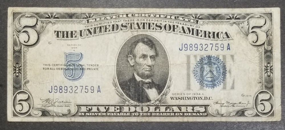 1934 A  $5 SILVER CERTIFICATE NOTE CIRCULATED