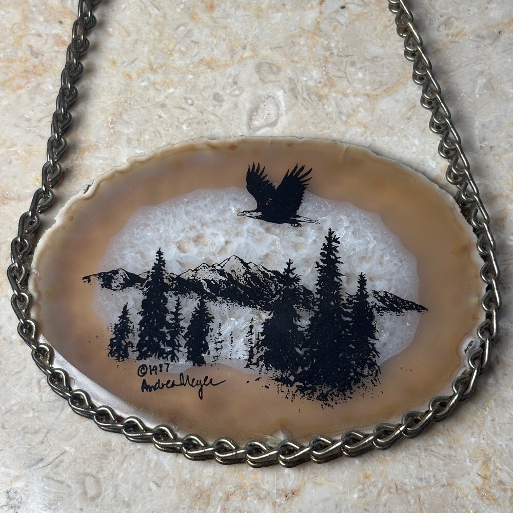 Andrea Meyer 1987 Geode Agate Slice Forest Eagle Scene Rock Art Hanging Painting