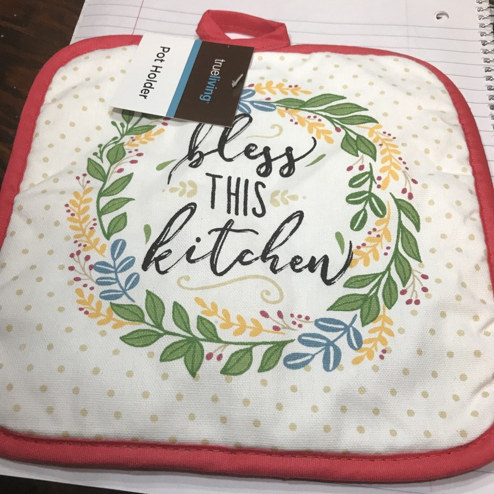 True Living "Bless this Kitchen" Red/ with multi-color front cotton pot holder