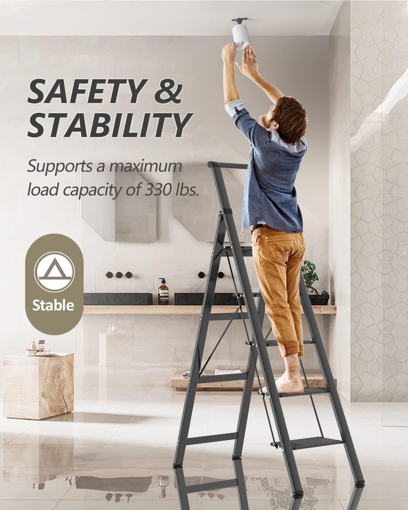 5 Step Ladder, Folding Stool, Portable Iron Foldable Black 5 step,