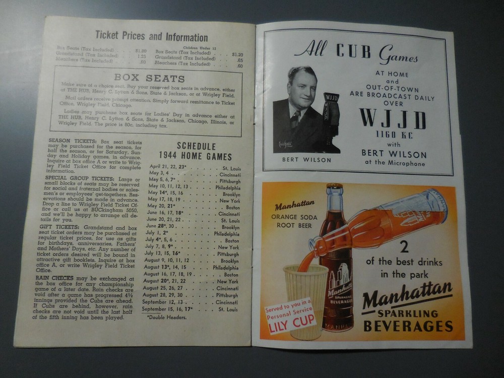 1944 Brooklyn Dodgers at Cubs Wrigley Field Program Unscored