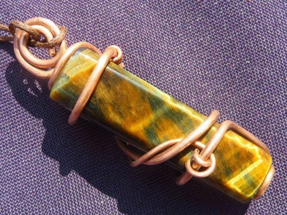 Gem Quality Polished Rectangular Tigers Eye Copper Wire Wrapped Pendant