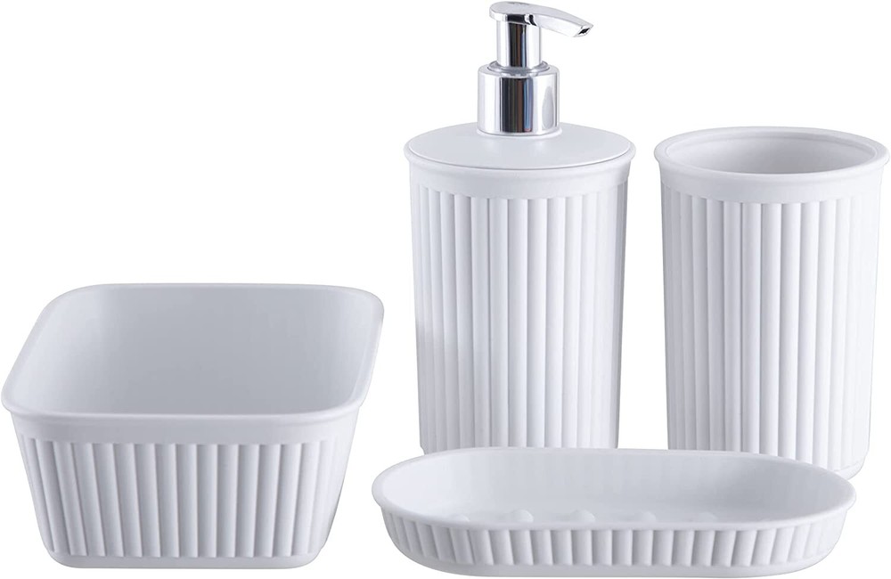 Superio Decorative Ribbed Bathroom Accessory Set, Plastic - White (4 Pack)