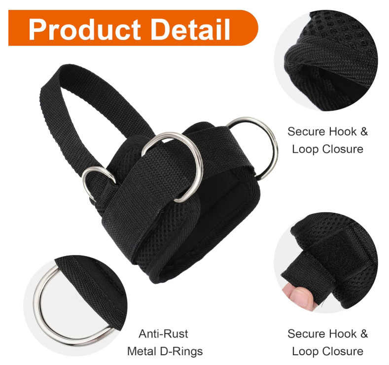 2 Pack Ankle Straps Cable Machine Attachment D-Ring Ankle Cuffs Black