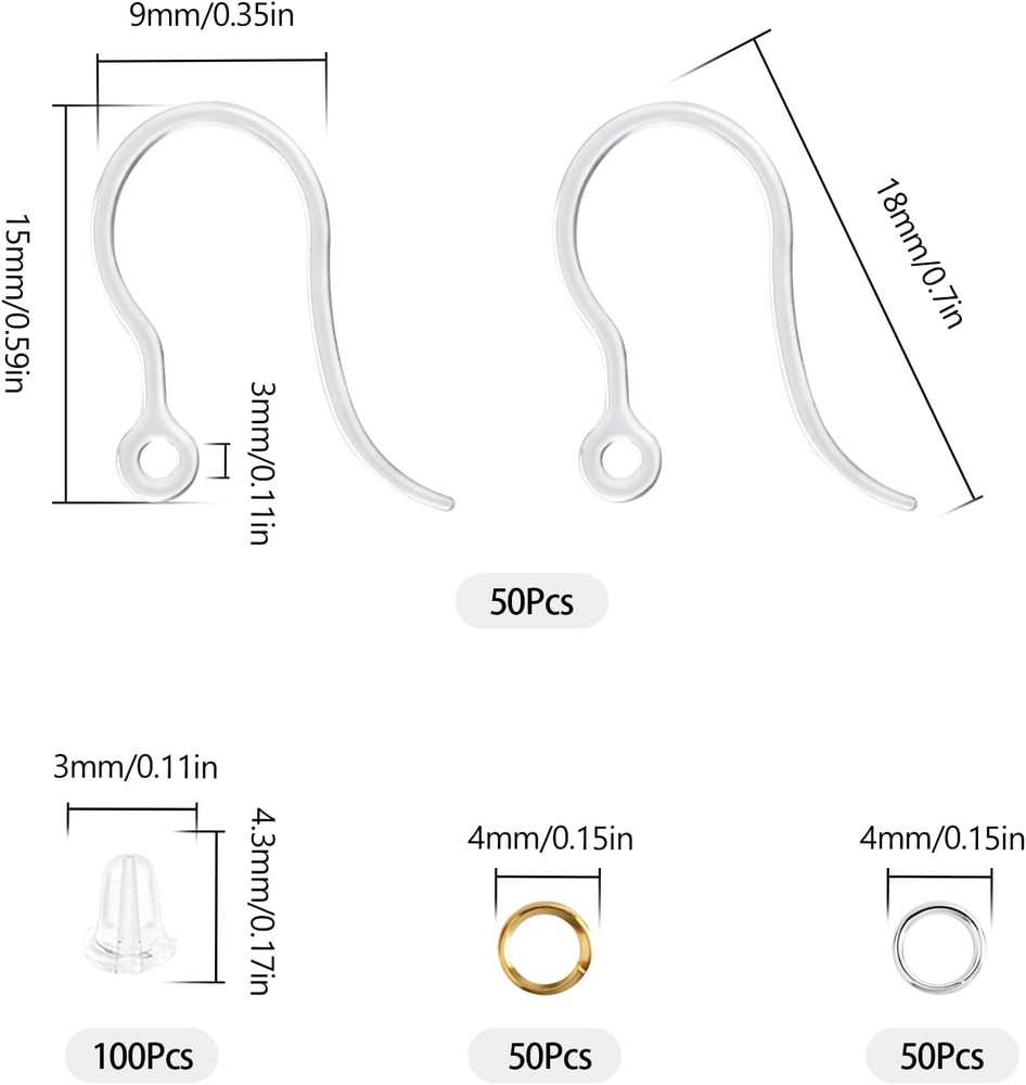 50Pcs Clear Plastic Earring Hooks - Non-Allergenic for Sensitive Ears, Component