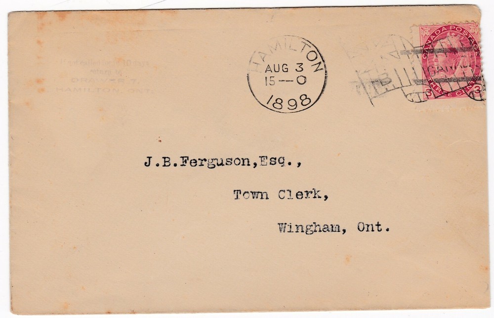 CANADA HAMILTON FLAG CANCEL & WINGHAM SQUARED CIRCLE POSTMARKS 1898 TOWN CLERK