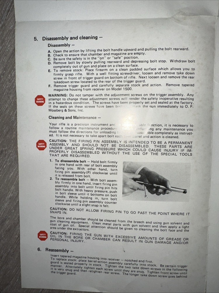 Mossberg Model 1500 Centerfire Bolt Action Manual Owners Guide