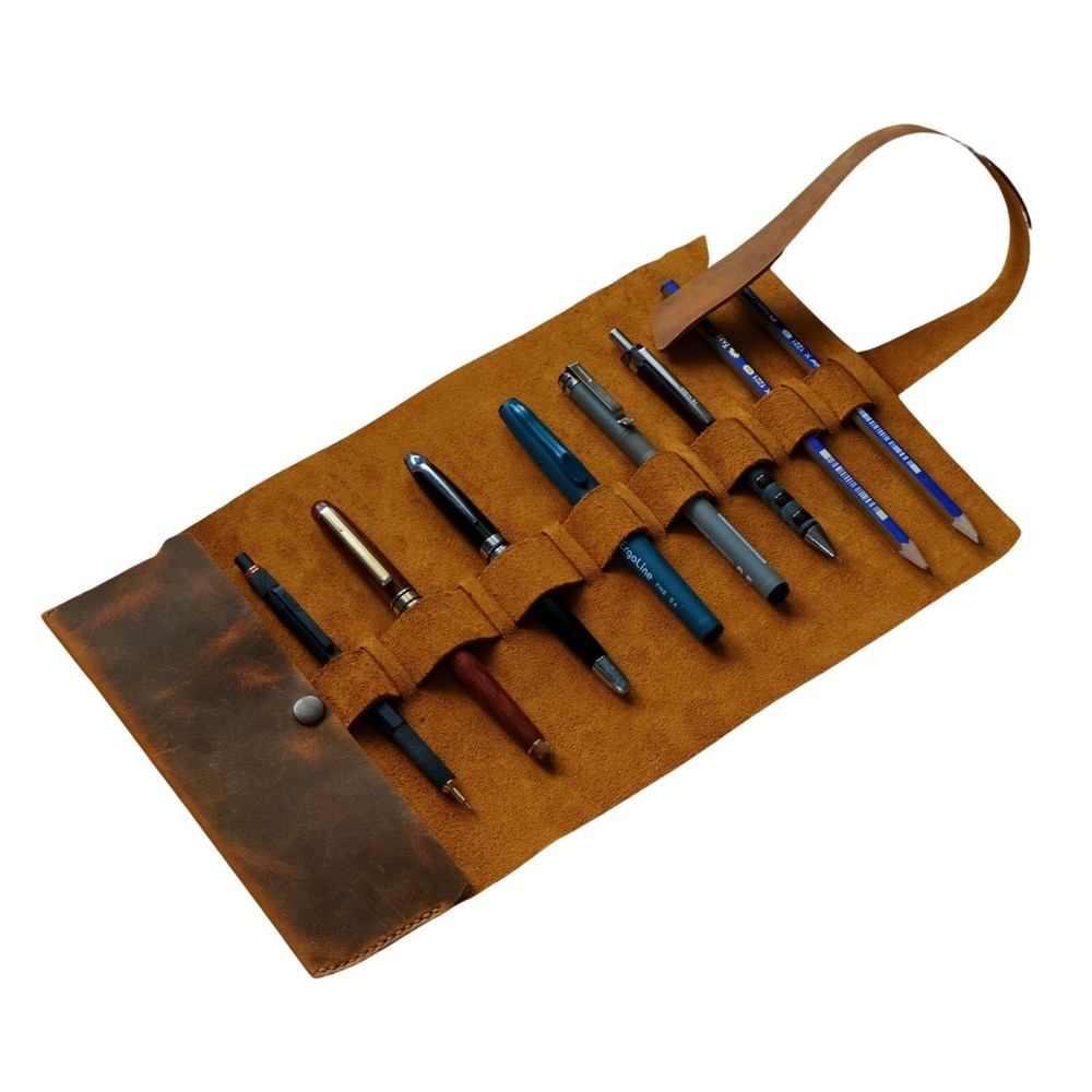 Handmade Leather Roll Up Pen Case - Barrel