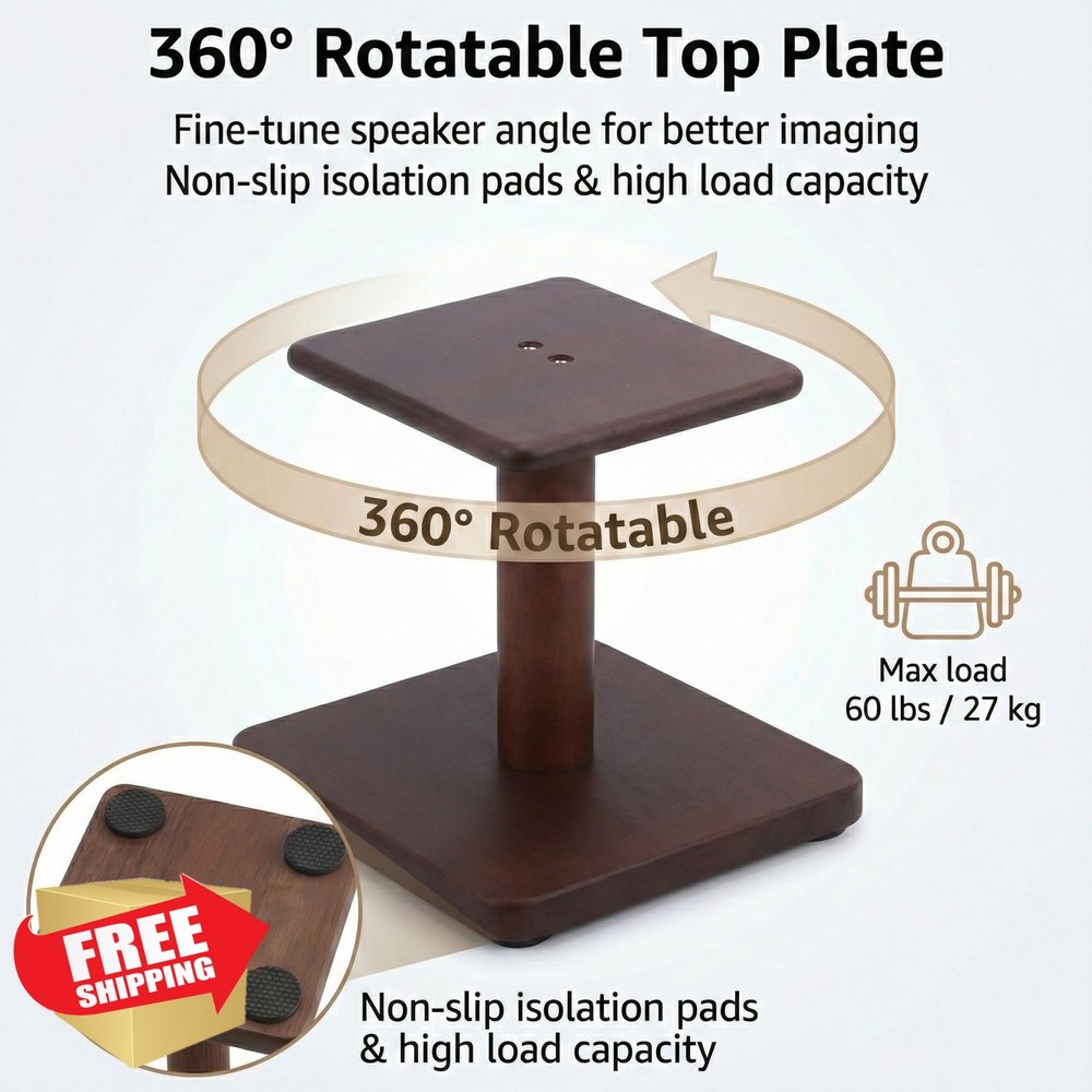 OKOstand Solid Wood Desktop Speaker Stands 7" Walnut Brown Rotatable