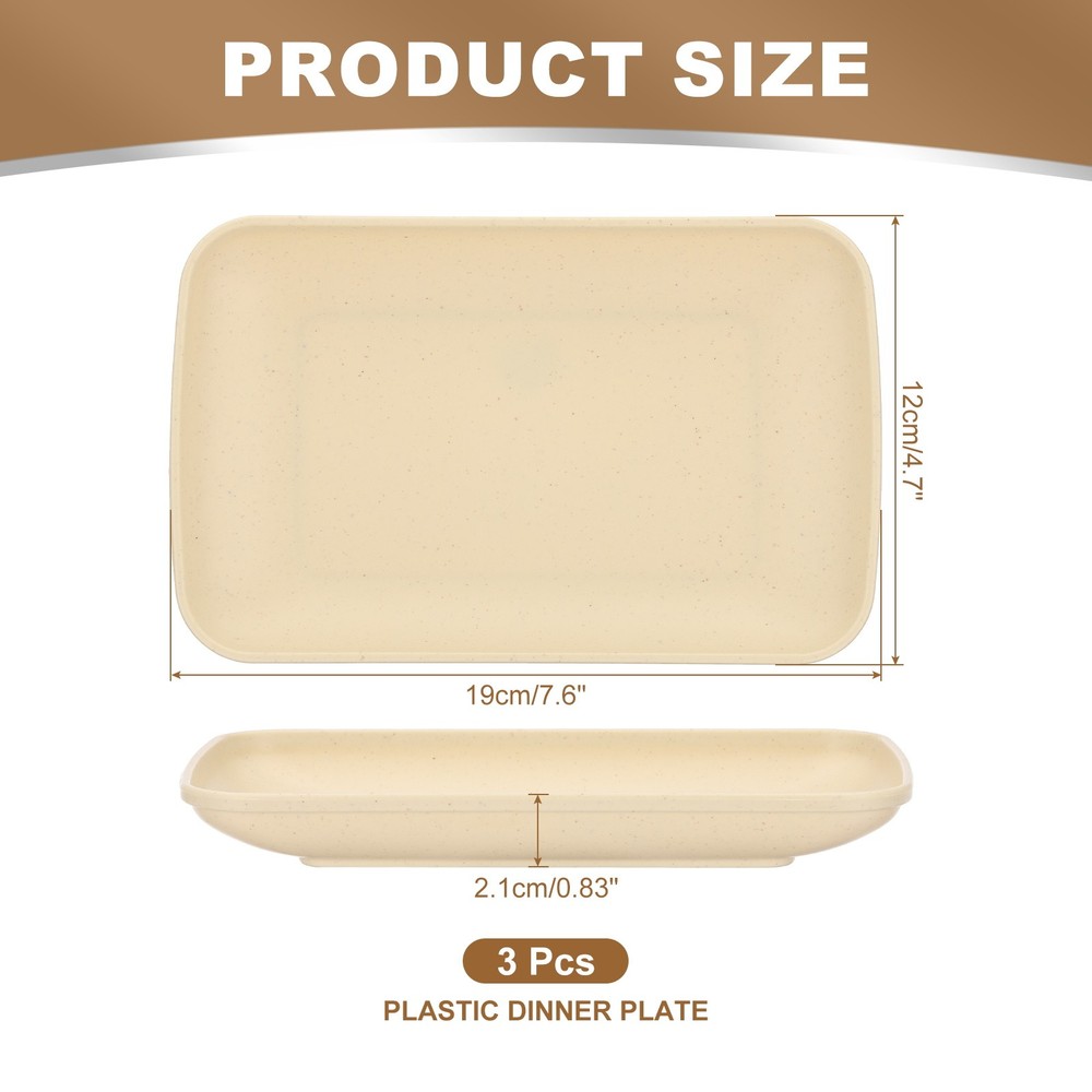 3 Pack 7"x5" Rectangular Unbreakable Plastic Dinner Plates, Beige
