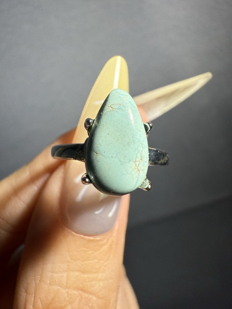 Natural Hubei Turquoise Drop Ring / Silver- plated/adjustable