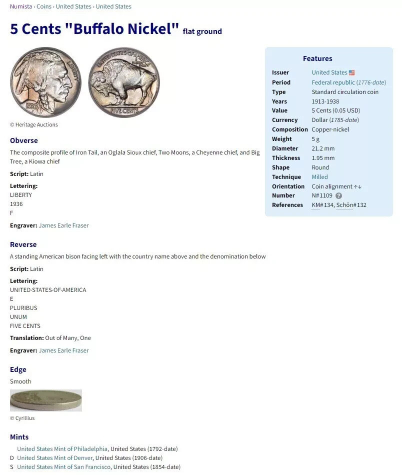 1936 Buffalo Nickel 5¢ [W9]