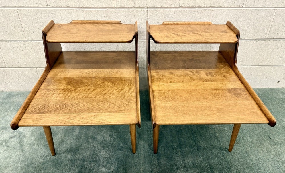 *PAIR* Russel Wright For Conant Ball Step Back Solid Birch MCM End Tables; Mint