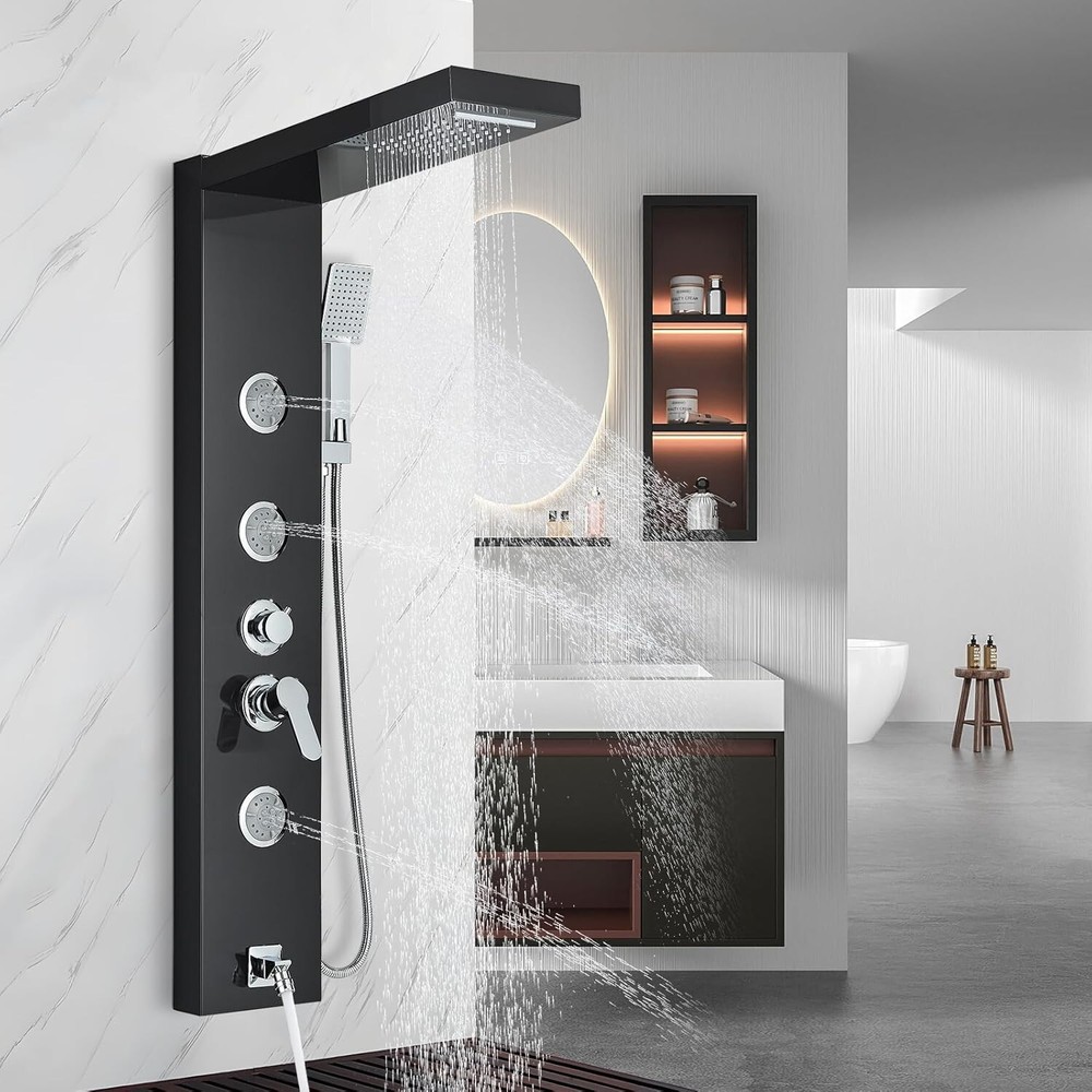 Black Shower Panel Tower System Stainless Steel Multi-function Massage Body Jets
