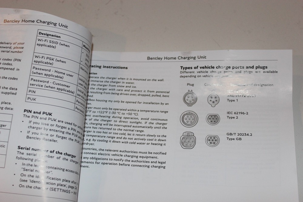 Bentley Home Charging Unit Users Manual OEM #3SE012723SA