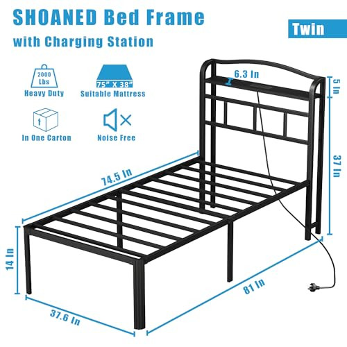 14 Inch Metal Bed Frame - Twin Size Black Heavy Duty Bedframe Platform Basic