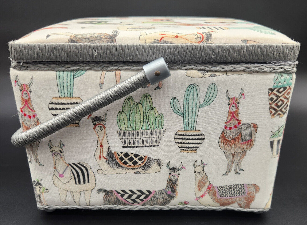 Llama Sewing Craft Box w/ Handle & Removable Accessory Tray Fabric Covered NEW