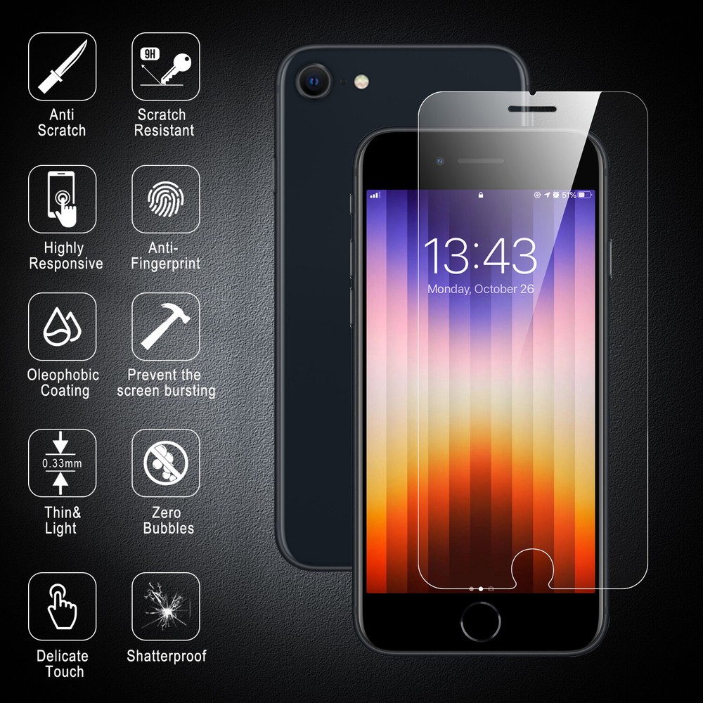 iPhone SE 3/2 2020/2022 & 7/8 Screen Protector - Tempered Glass, Full Coverage