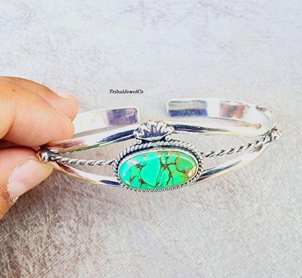 925 Sterling Silver Green Copper Turquoise Bangle Adjustable Bangle Gemstone