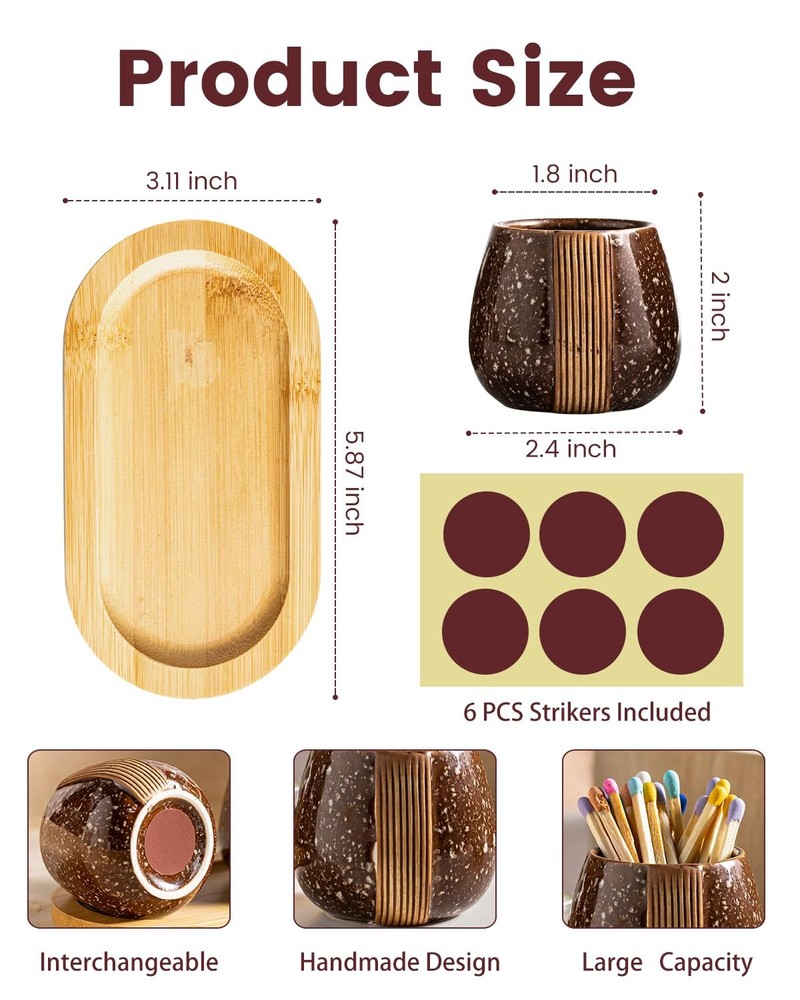2 Set Match Holders Striker Ceramic Container Wooden Tray, Brown Kitchen Decor