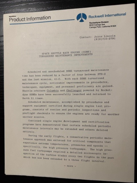 Rocketdyne Space Shuttle Memorabilia - Challenge coin, pin, photos, info sheets