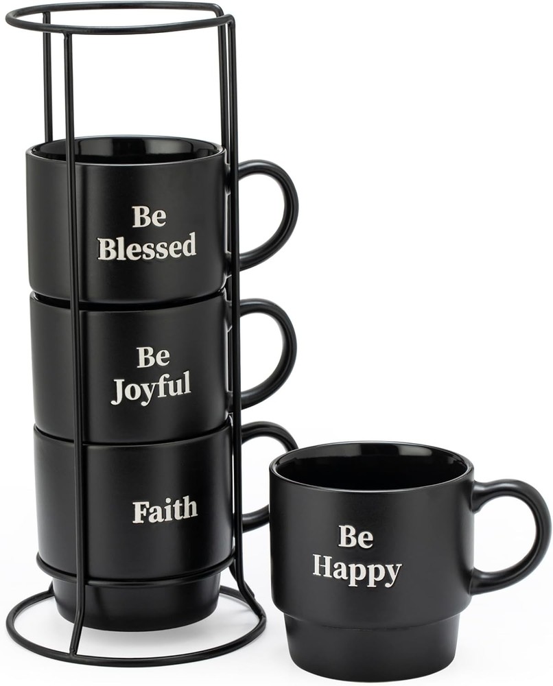 Set of 4 Stackable 15 oz Coffee Mugs with Rack Black