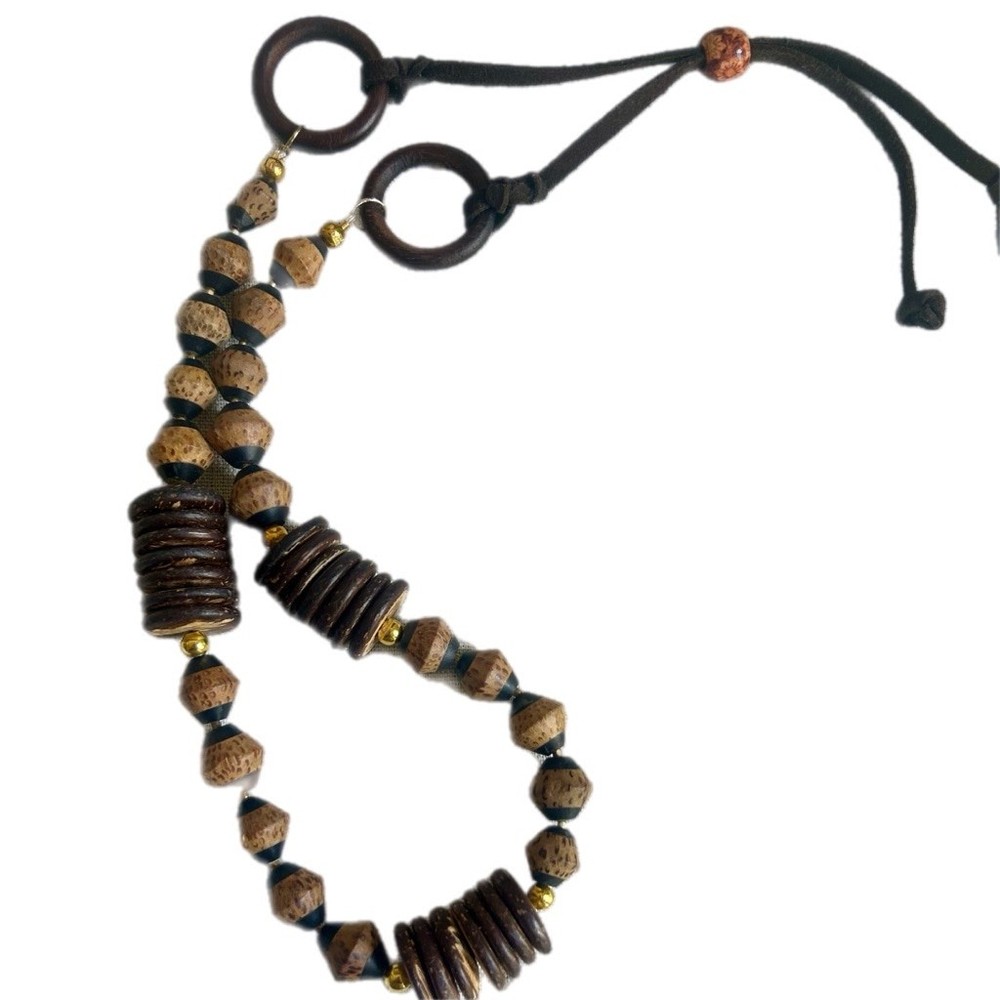 Handmade Boho Wooden Bead & Leather Cord Adjustable Necklace