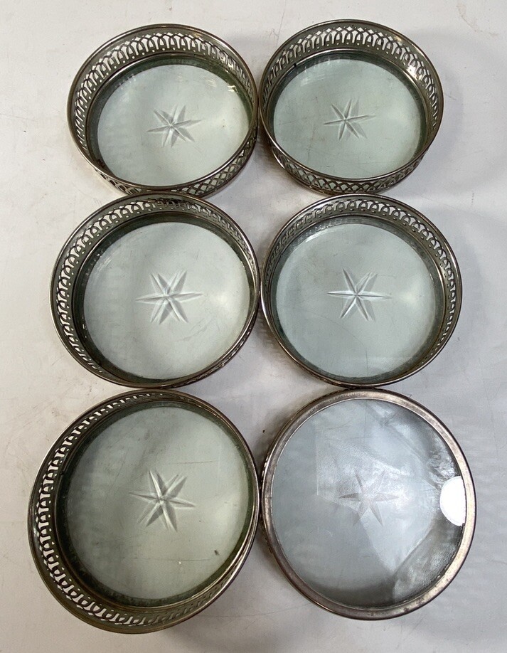 6-3.5” Crystal Coasters Manning Bowman & Co -Silver Plate-