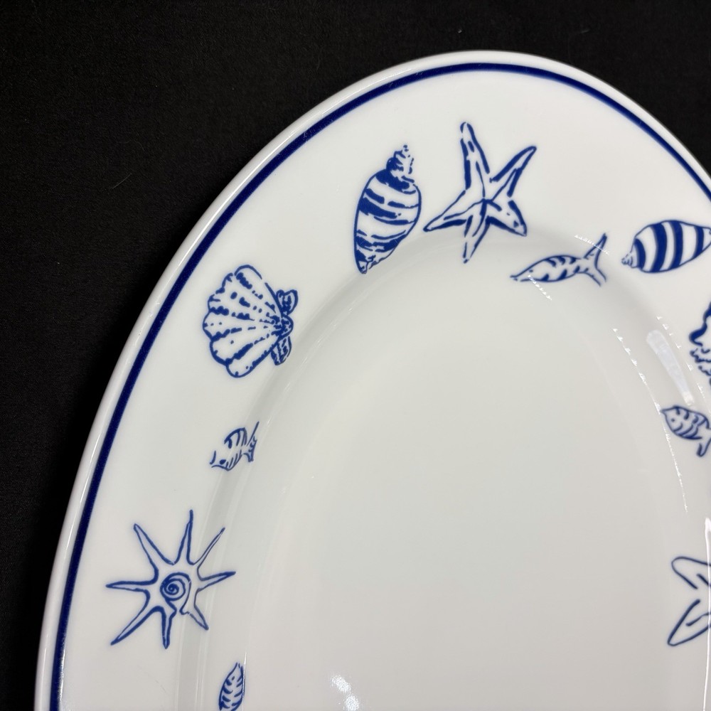 Serving Platter Elliot Bay Pattern White With Blue Seashell Fish & Trim 15”