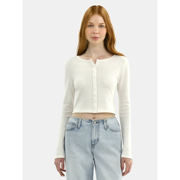 No Boundaries Button-Front Pointelle Junior Cardigan Size M (8/10) Color White