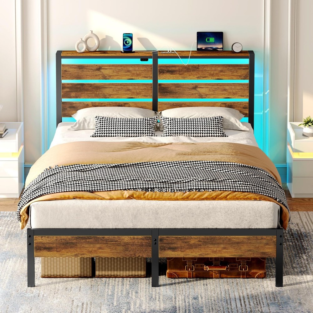Rolanstar Bed Frame Queen Size with USB Charging Station, LED Bed Frame with ...