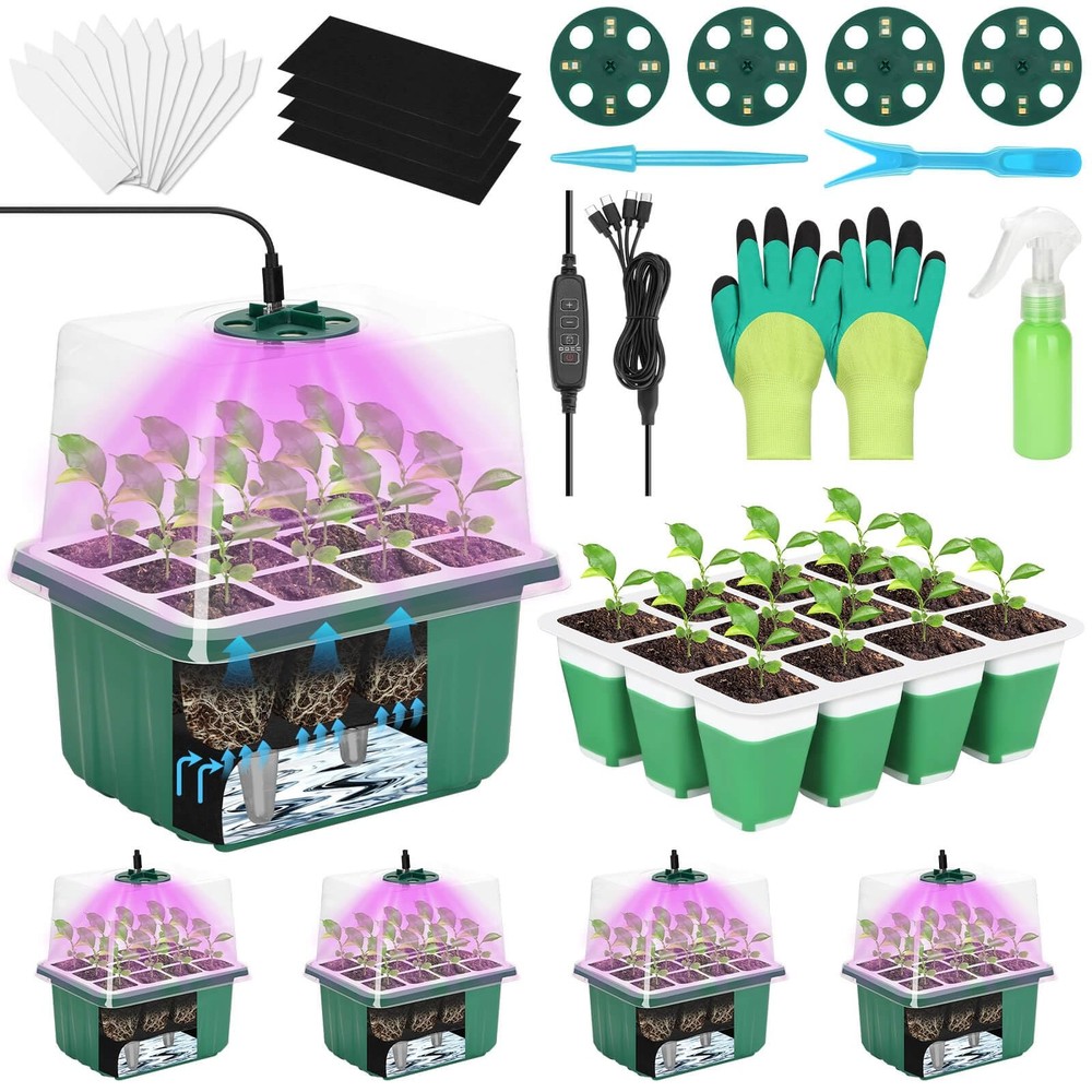 Mckanti 4 Set Seed Starter Tray Kit w/ Grow Light, Humidity Dome & Silicone Base