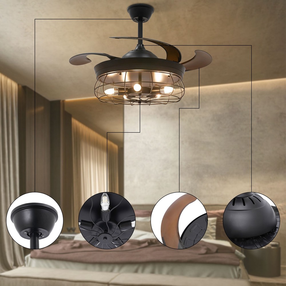 Farmhouse Ceiling Fan Pendant Light Rustic Metal Cage with Remote Remote Control