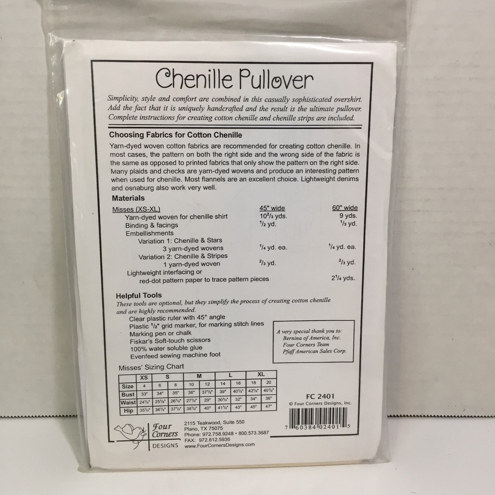 Chenille Pullover Pattern Size Misses' xs-xl Four Corners Design