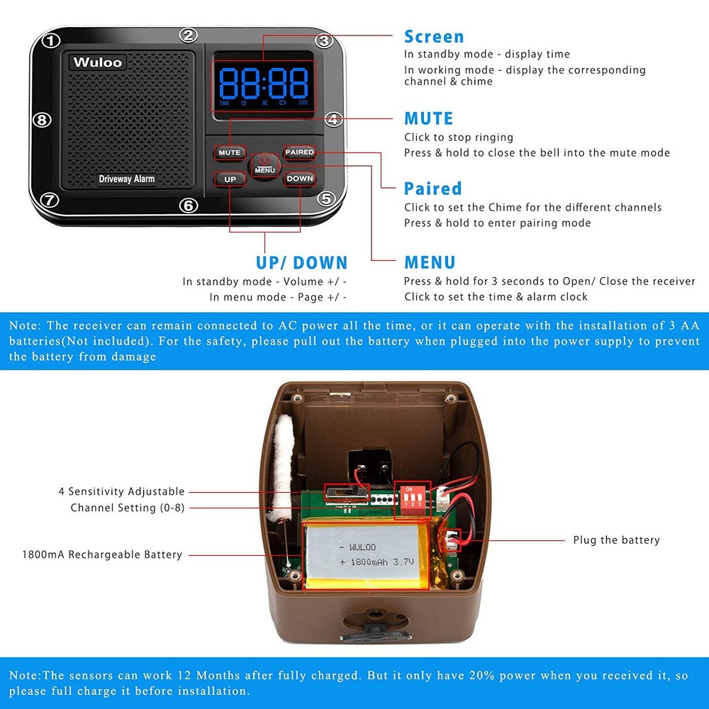 1800 feet Range Driveway Alarms Wireless Battery Powered 1 Sensor 1 Receiver Kit