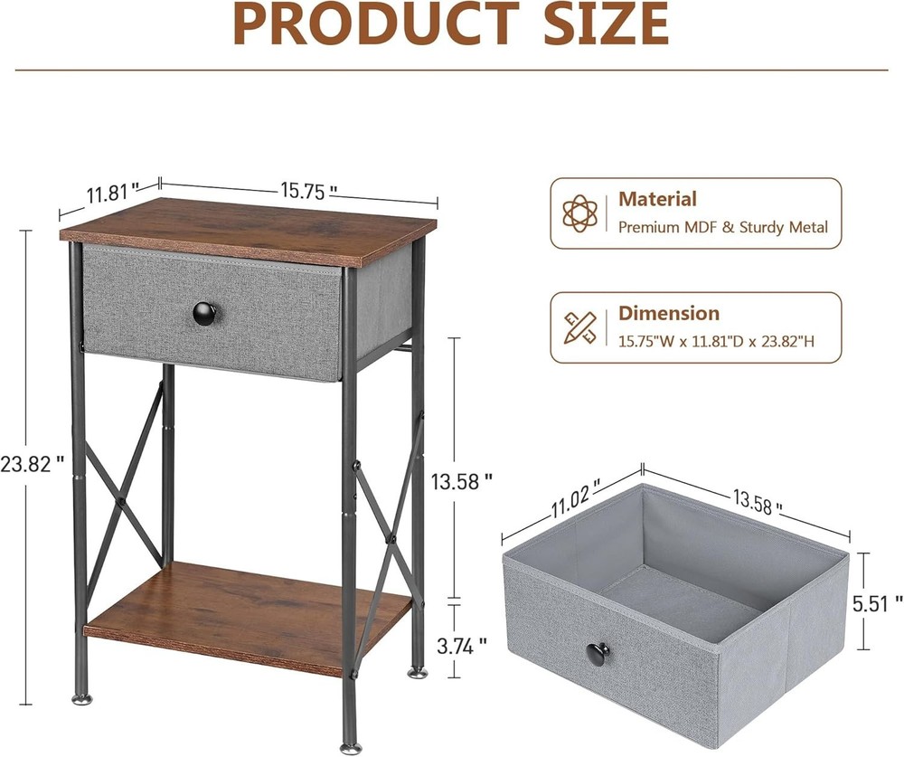 Modern Compact Nightstand with Adjustable Metal Feet & Easy Clean Surface