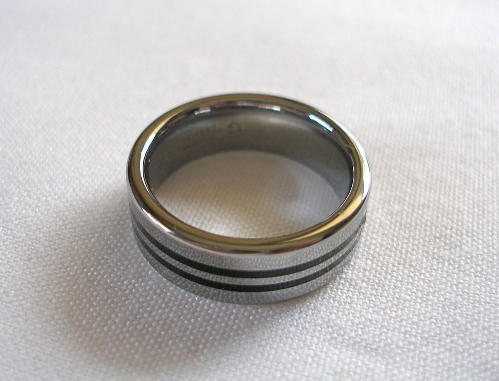 MENS- Tungsten Ring with Black Enamel Stripes