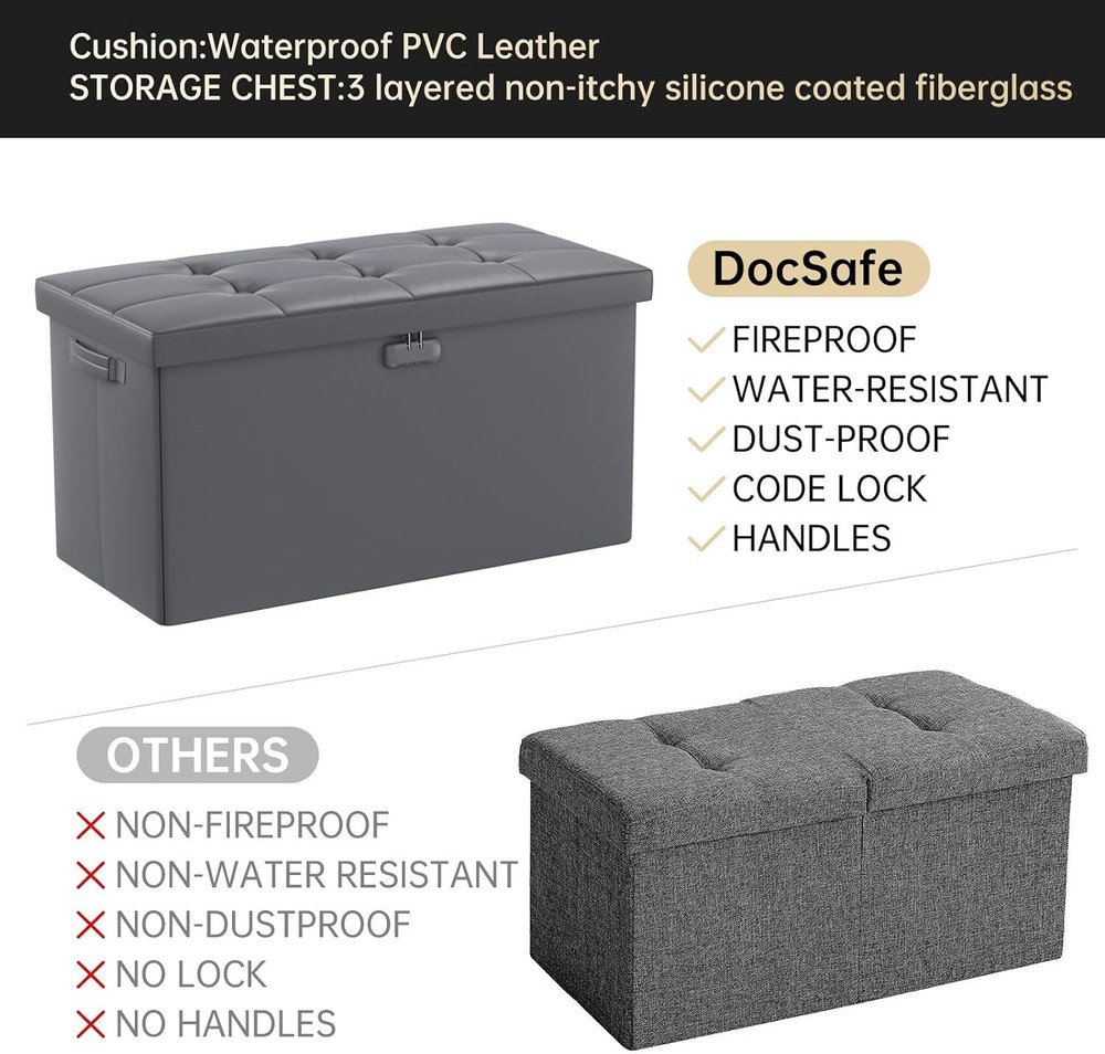DocSafe Storage Ottoman Bench with Lock,Fireproof 30 x 15 x 15 inches, Grey