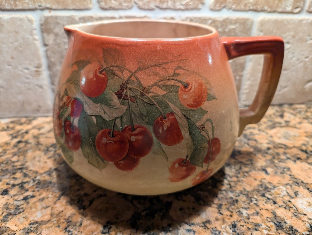 Antique CHERRY Design APPLE CIDER PITCHER unmarked 6 1/4" by 9"