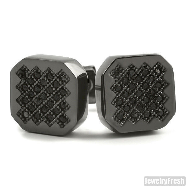 Black Finish Hexagon Micro Pave CZ Stud Earrings For Men