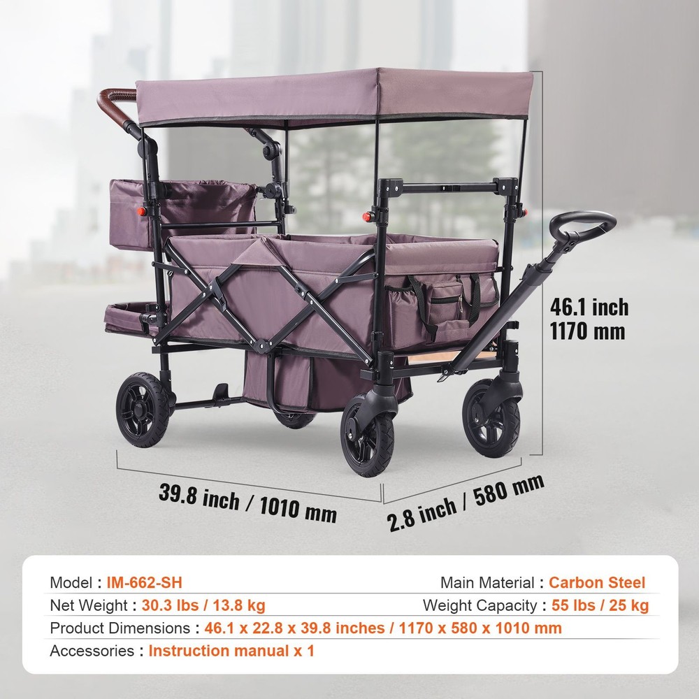 Wagon Stroller for 2 Kids, Push Pull Quad Collapsible Stroller with Adjustable H