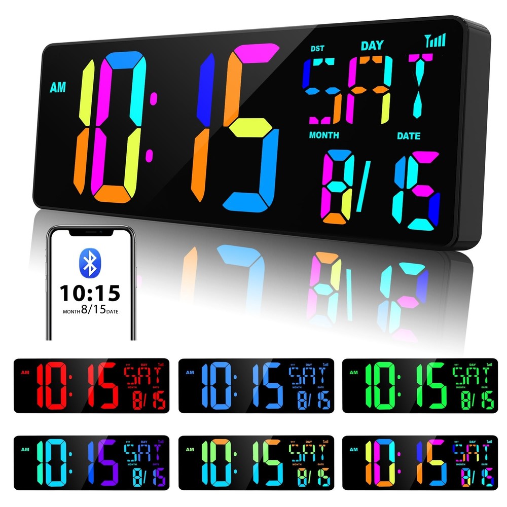 XREXS Large Digital Wall Clock Bluetooth Sync, 17.2" RGB Color Changing Digit...